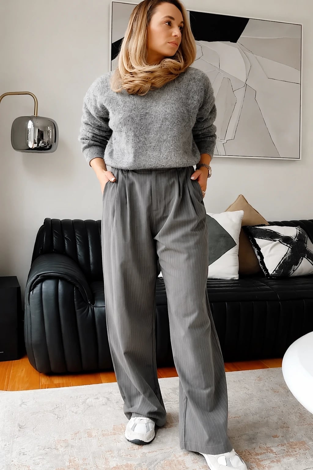 Gray Pinstripe Trousers with Fuzzy Sweater — Classy Grey Pants Outfits