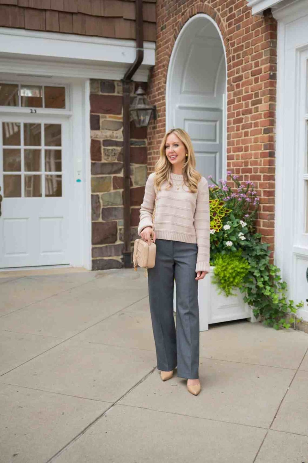 Gray Wide-Leg Trousers with Striped Knit and Nude Pointed-Toe Pumps — Classy Grey Pants Outfits