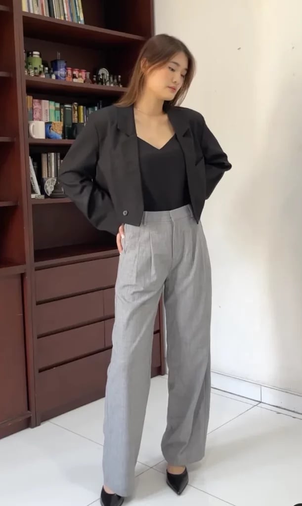 Gray Wide-Leg Trousers with Cropped Blazer and Black V-Neck Camisole — Classy Grey Pants Outfits