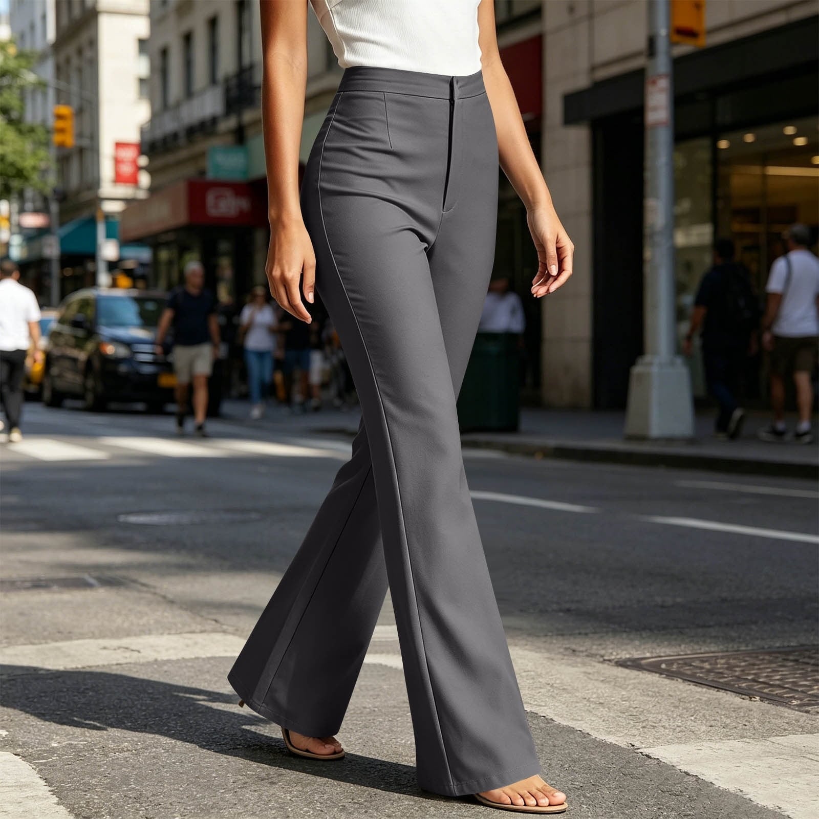 High-waisted Flare Gray Trousers with Sandals — Classy Grey Pants Outfits