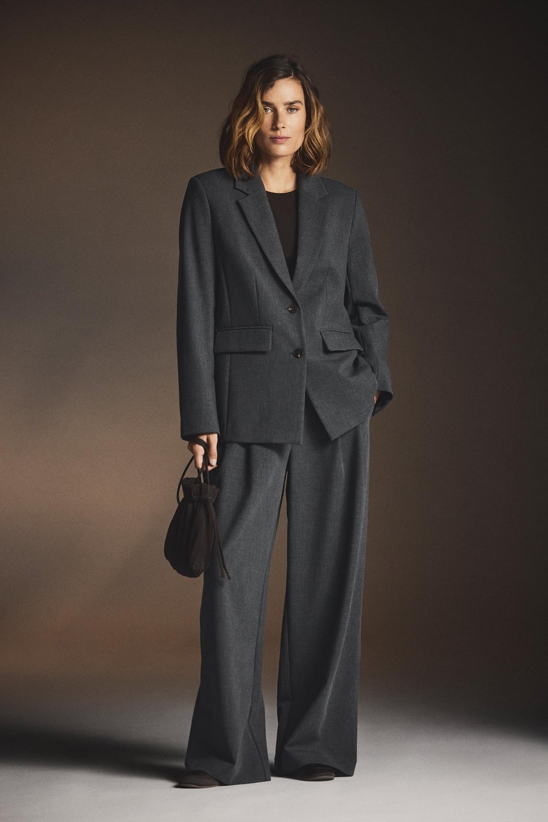 Gray Wide-Leg Trousers with Oversized Blazer and Wool Blend — Classy Grey Pants Outfits