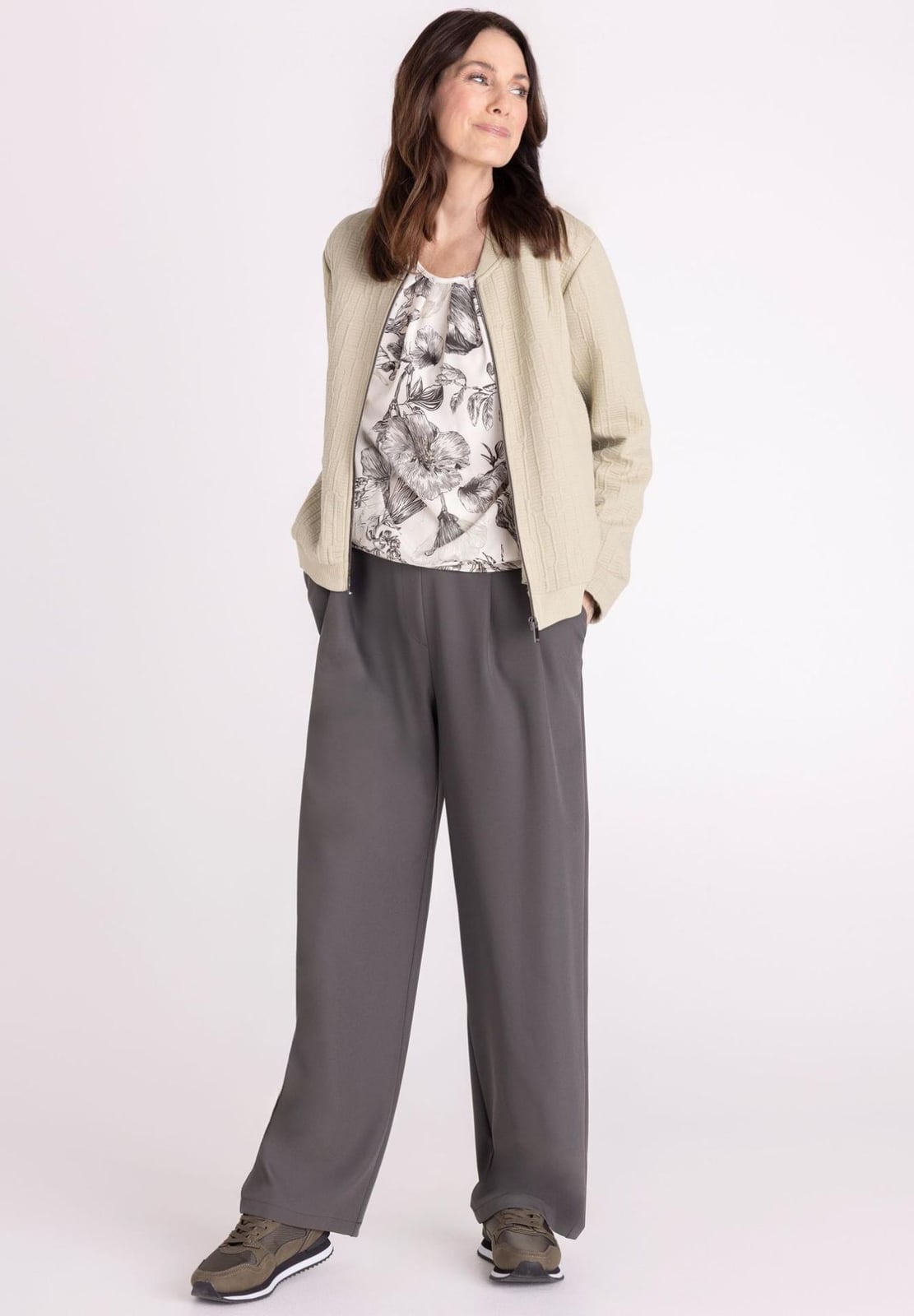Gray Wide-Leg Trousers with Floral Top and Bomber — Classy Grey Pants Outfits