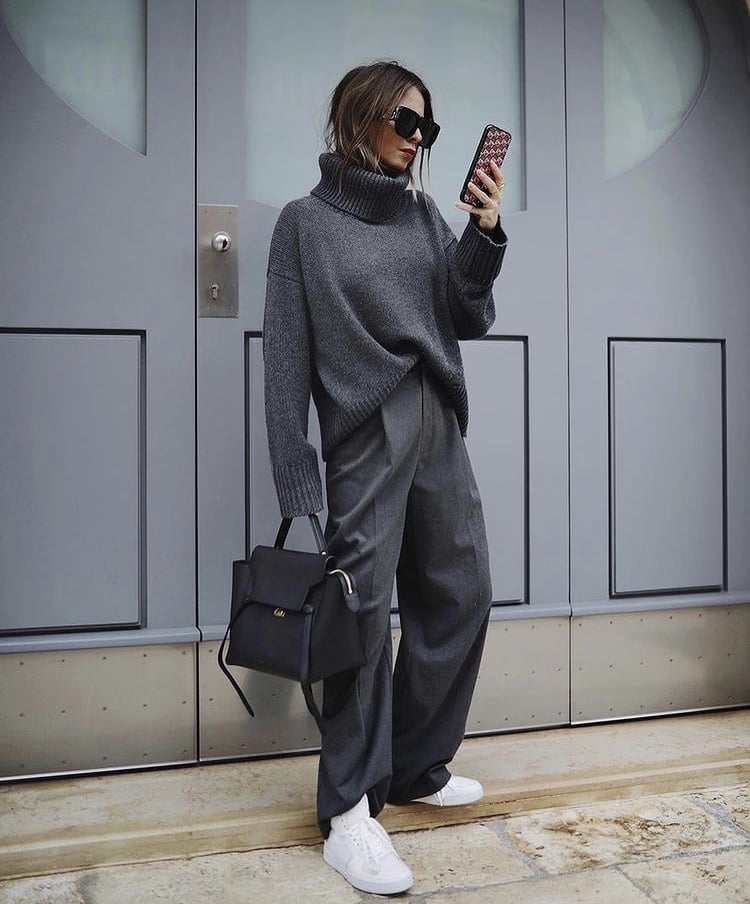 Oversized Gray Sweater with Wide-Leg Trousers and White Sneakers — Classy Grey Pants Outfits