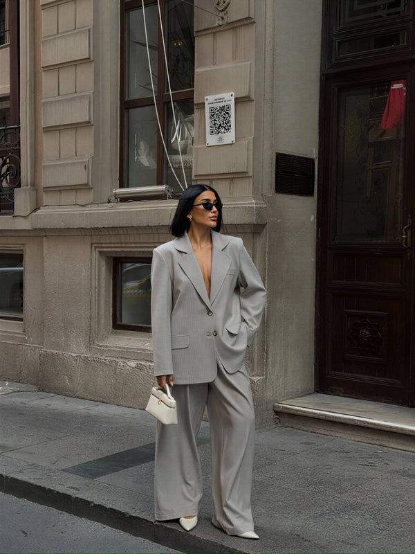 Light Gray Oversized Suit with White Accents — Classy Grey Pants Outfits