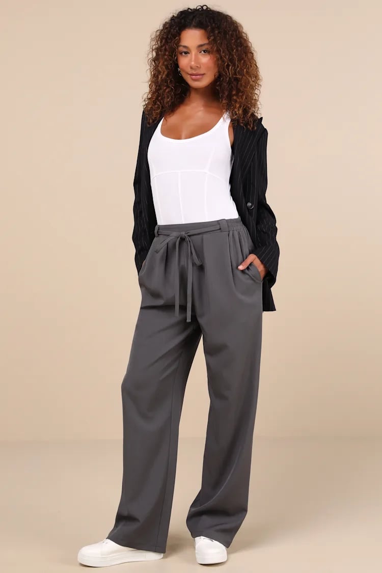 Gray Wide-Leg Trousers with a Pinstripe Blazer — Classy Grey Pants Outfits