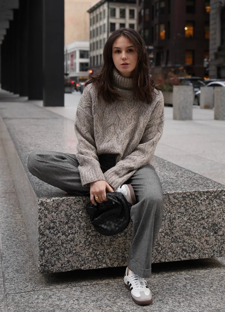 Gray Straight-Leg Trousers with Cable Knit — Classy Grey Pants Outfits