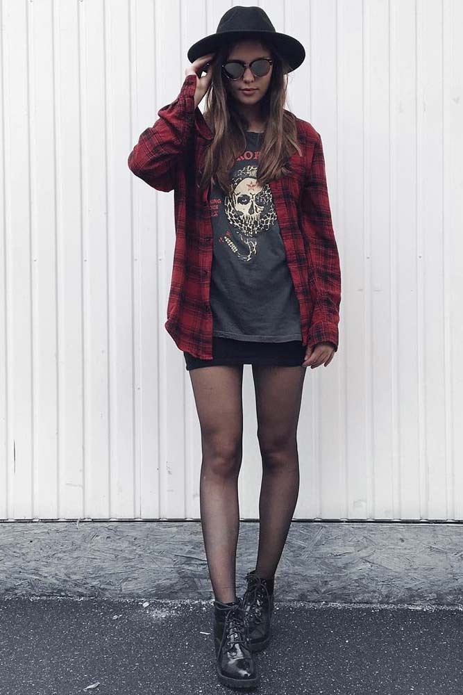 Plaid Shirt Over Graphic Tee With Mini Skirt — Classy Grunge Style