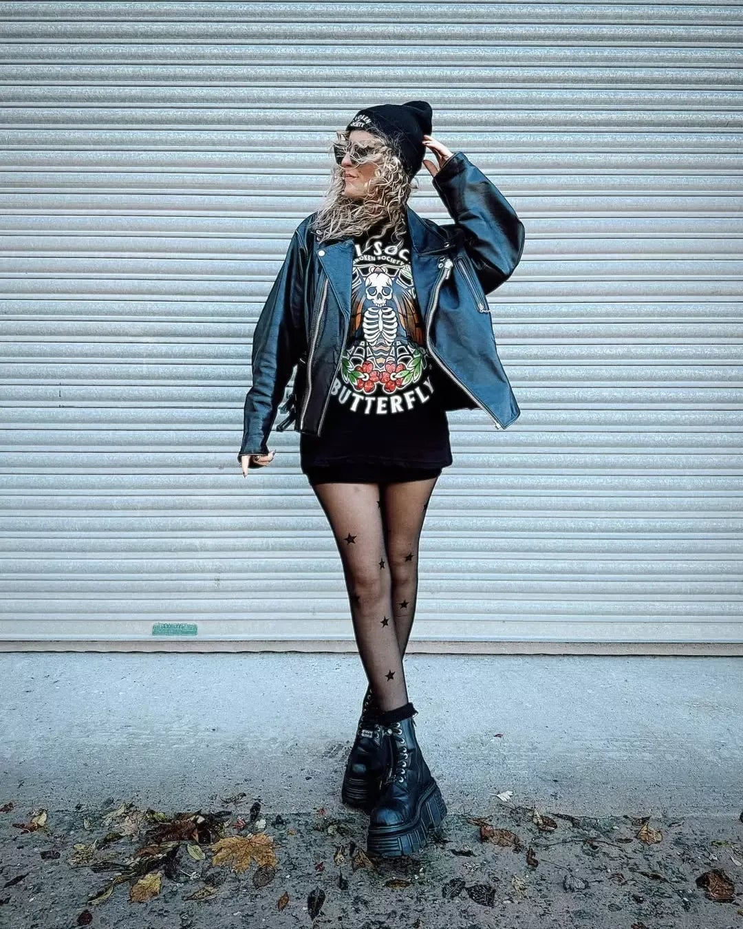 Leather Jacket With Star Print Tights — Classy Grunge Style