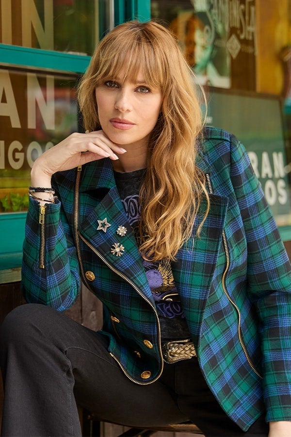 Plaid Biker Jacket With Brooch Pins — Classy Grunge Style