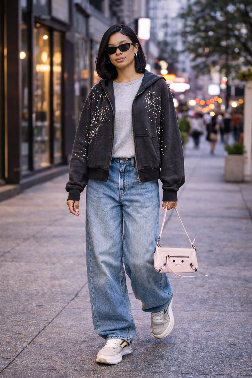 Embellished Hoodie With Wide Leg Jeans — Classy Grunge Style