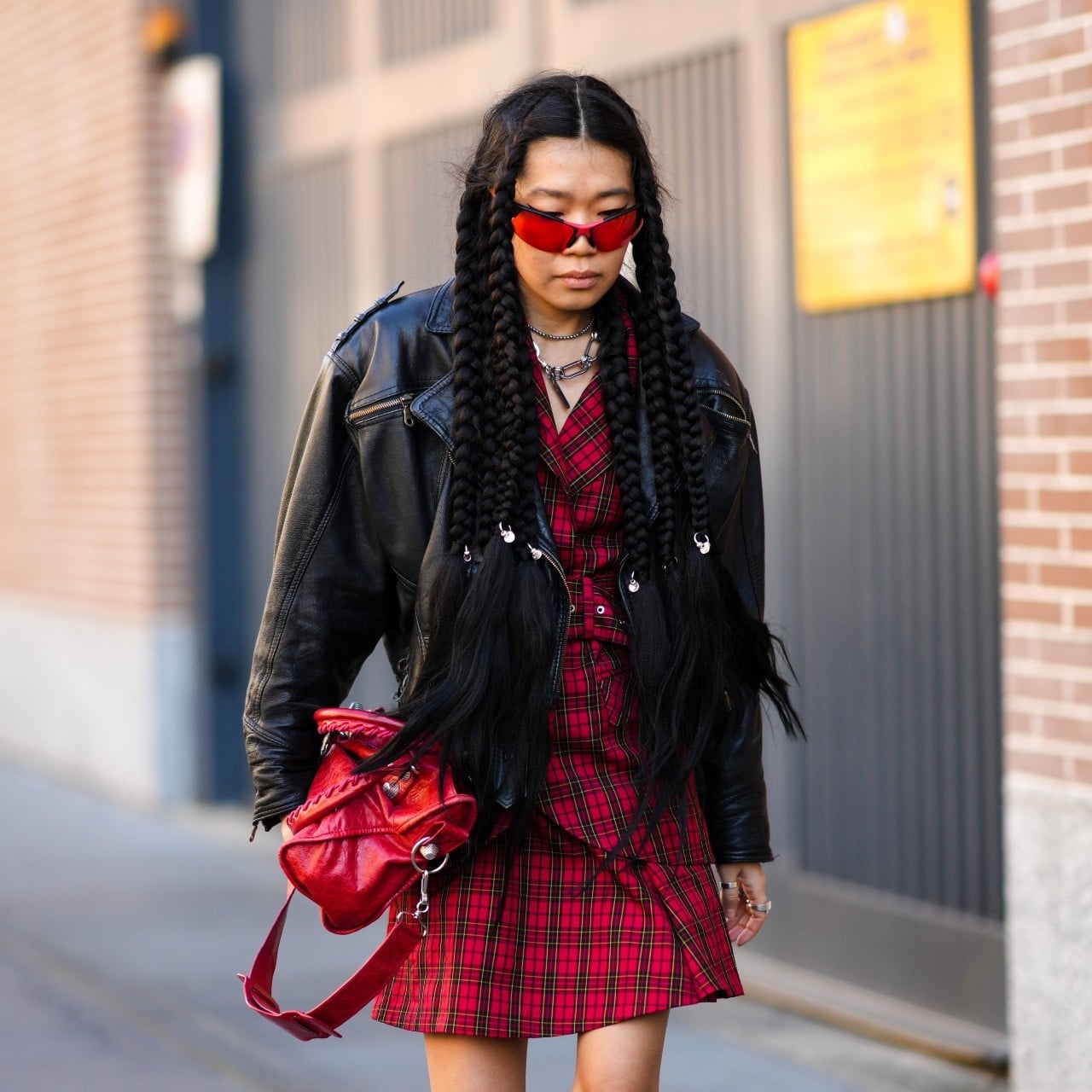 Leather Jacket Over Red Plaid Mini Dress — Classy Grunge Style
