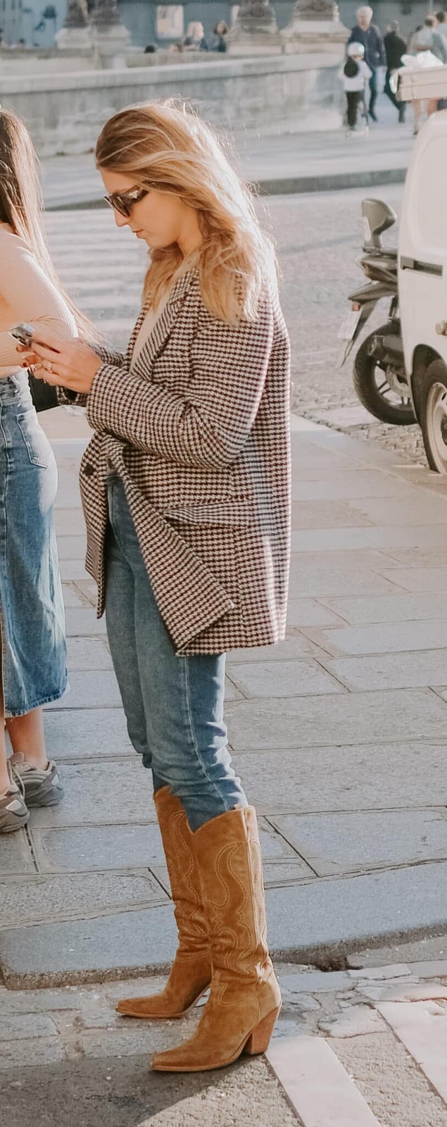 Houndstooth Blazer With Straight Leg Jeans and Tan Suede Cowboy Boots — Classy Grunge Style