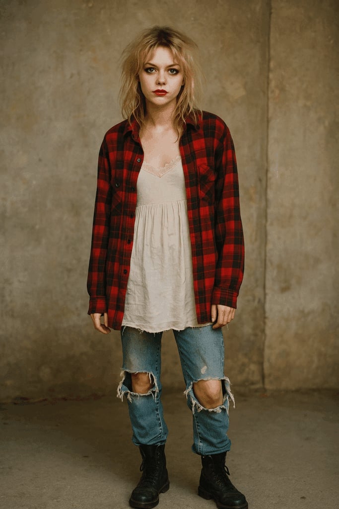 Plaid Flannel Over Camisole With Ripped Jeans and Black Combat Boots — Classy Grunge Style