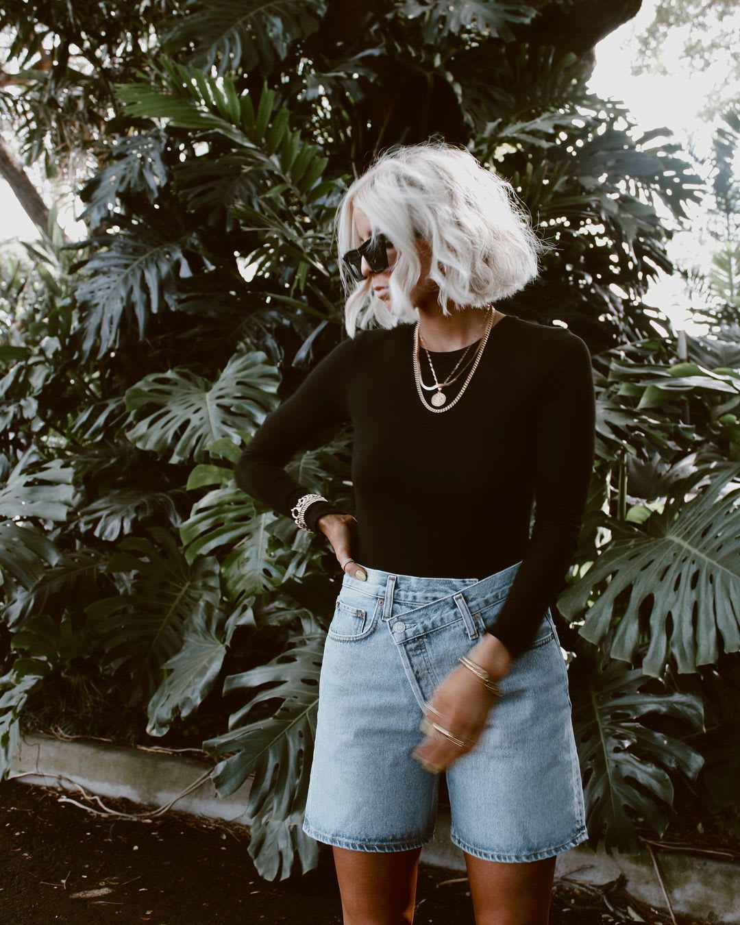 Asymmetrical Denim Shorts With Long Sleeve Top, Close-Up Take — Classy Grunge Style
