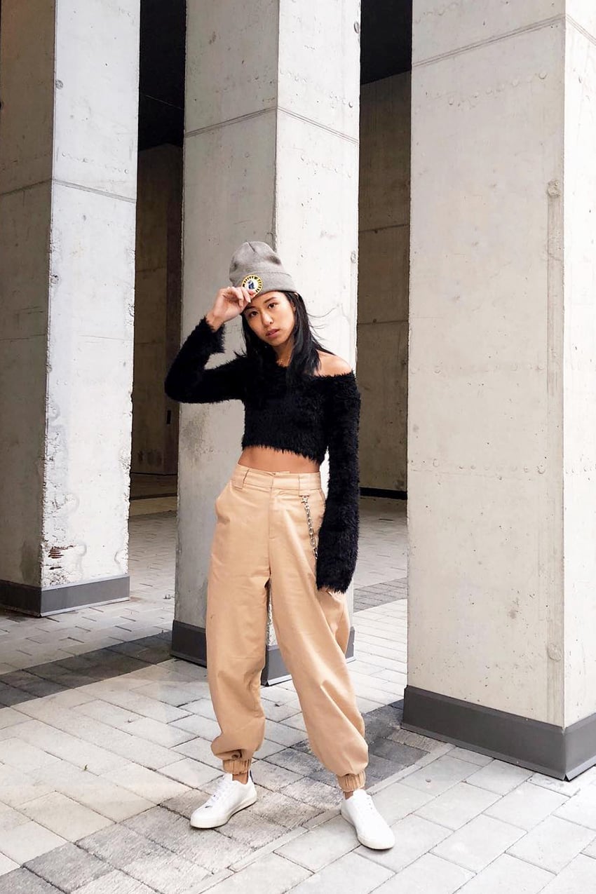 Baggy Cargo Pants With Fuzzy Cropped Top, Close-Up Take — Classy Grunge Style