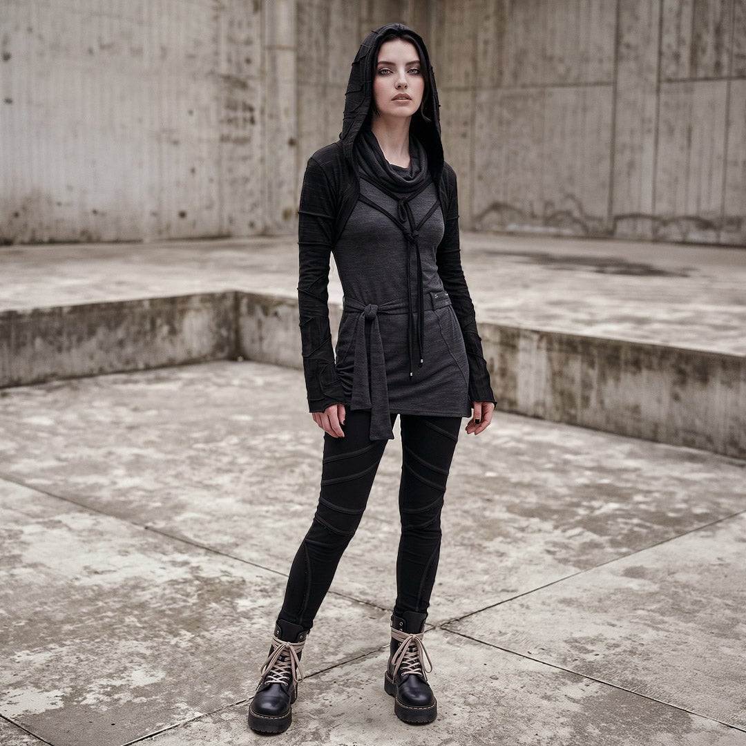 Hooded Tunic Over Black Leggings — Classy Grunge Style