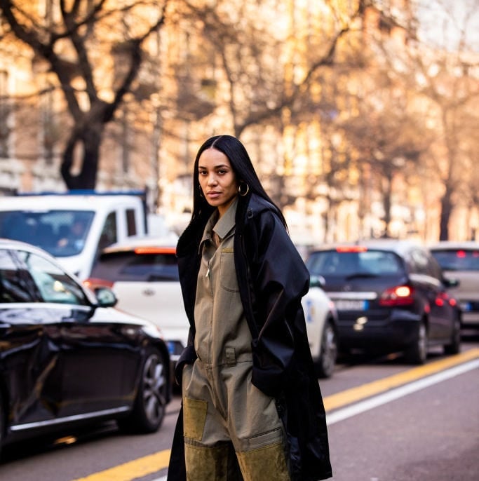 Olive Green Jumpsuit With Long Black Coat — Classy Grunge Style