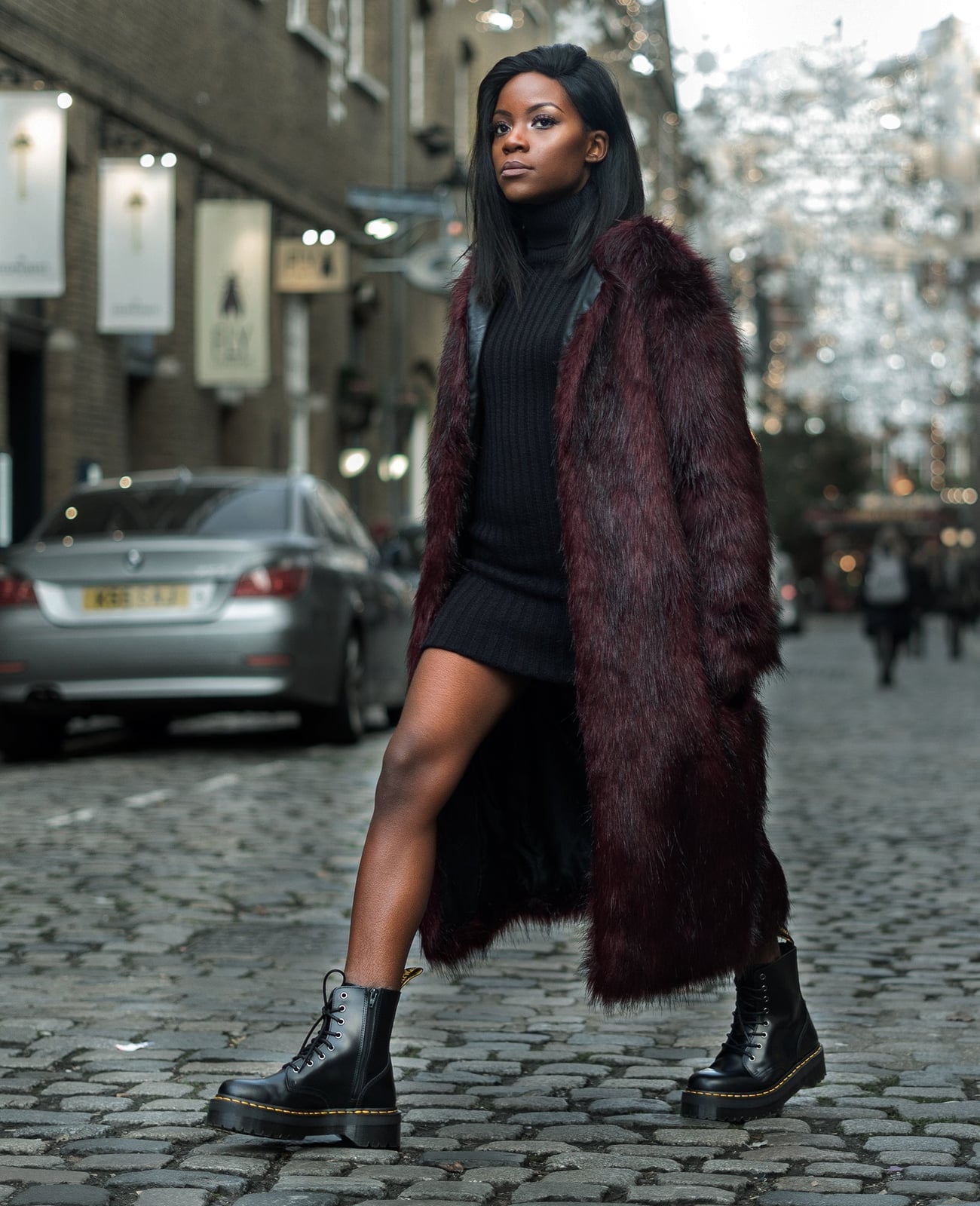 Faux Fur Coat Over Black Turtleneck Mini Dress — Classy Grunge Style
