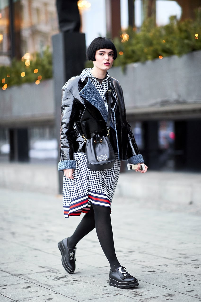 Patent Jacket Over Houndstooth Dress — Classy Grunge Style