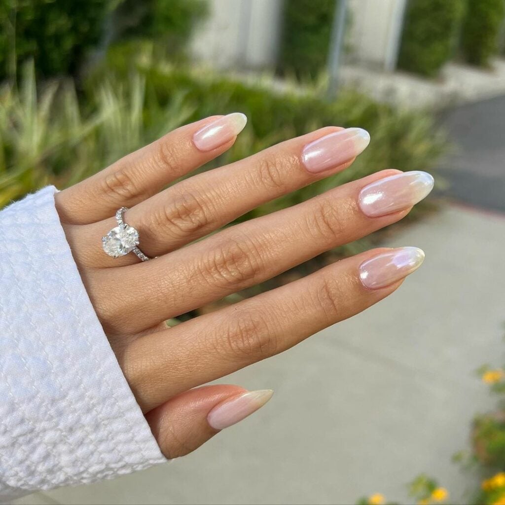 Milky Pearlescent Glazed Medium Oval Nails — Classy Hailey Bieber Nails