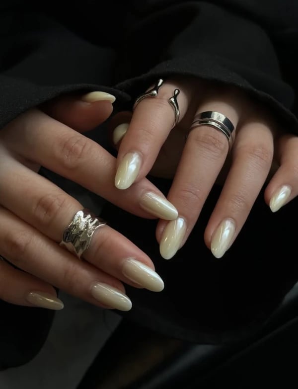 Creamy Off-White Pearlescent Long Almond — Classy Hailey Bieber Nails