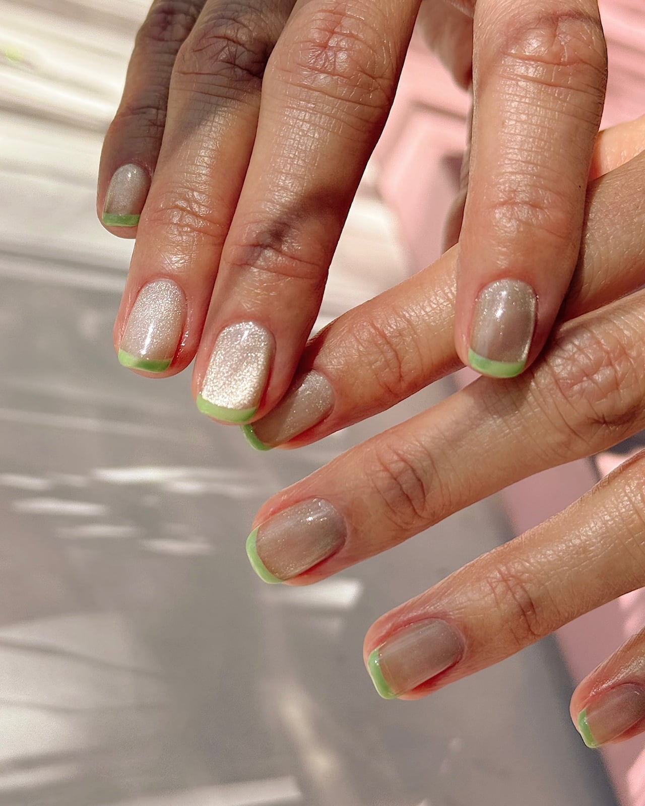 Lime Green French Tip Short Almond — Classy Hailey Bieber Nails