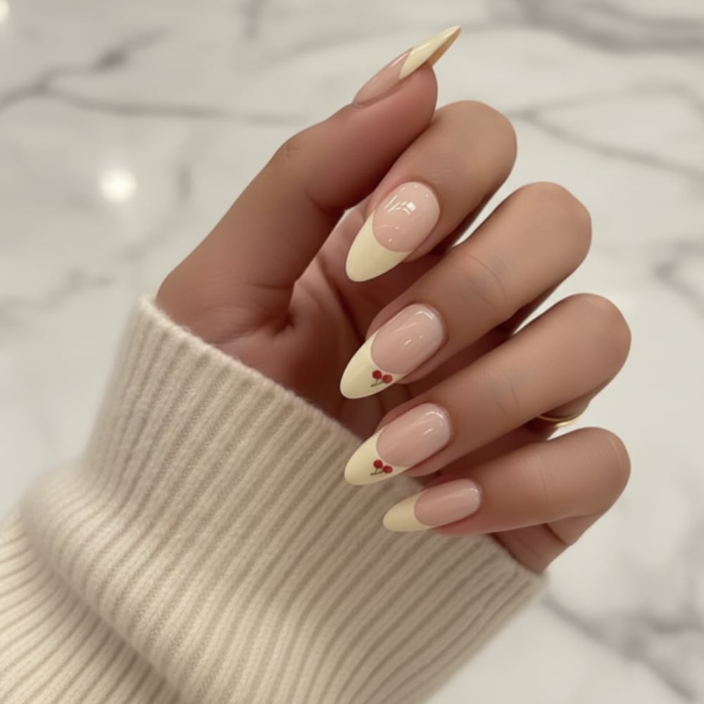Cherry Art Yellow Tip Medium Almond — Classy Hailey Bieber Nails