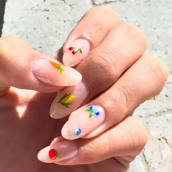 Fruit Motif Medium Almond Sheer Nude — Classy Hailey Bieber Nails