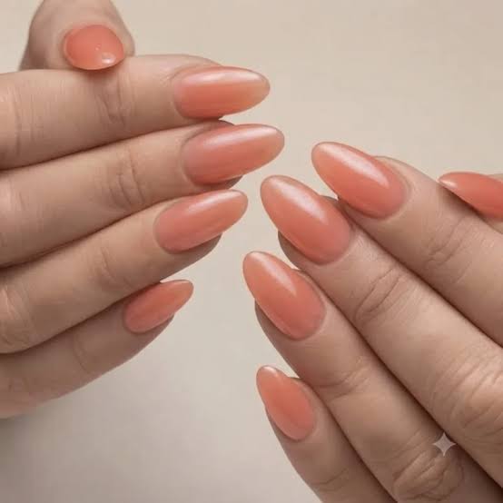 Peachy Pink Jelly Glossy Medium Almond — Classy Hailey Bieber Nails
