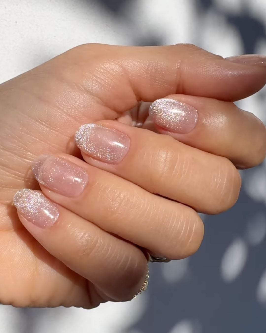 Glitter French Short Oval Sheer Pink — Classy Hailey Bieber Nails