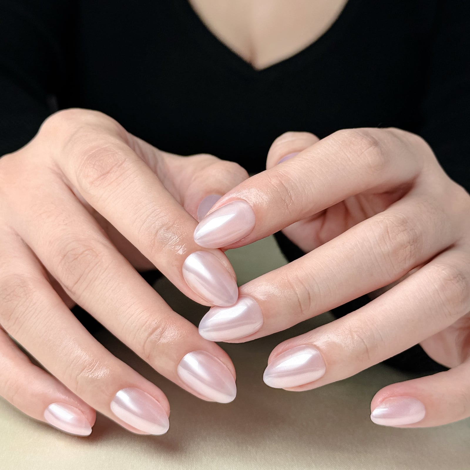 Pale Pink Pearl Short Almond Nails With Full Color — Classy Hailey Bieber Nails