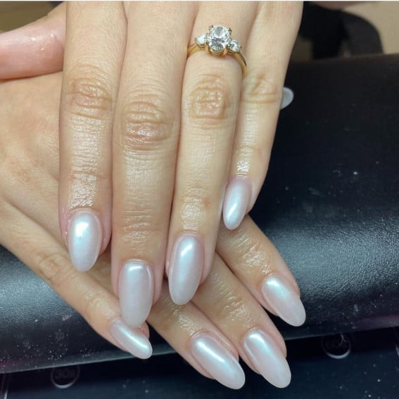 Pale Pink Pearl Finish Almond Nails — Classy Hailey Bieber Nails