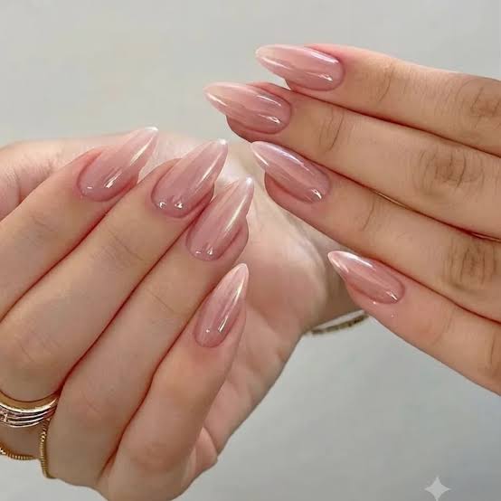Nude Pearl Glossy Almond Medium Nails — Classy Hailey Bieber Nails