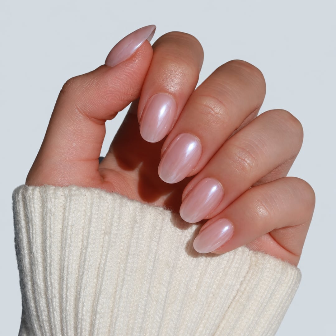 Milky White Pearlescent Chrome Short Almond — Classy Hailey Bieber Nails
