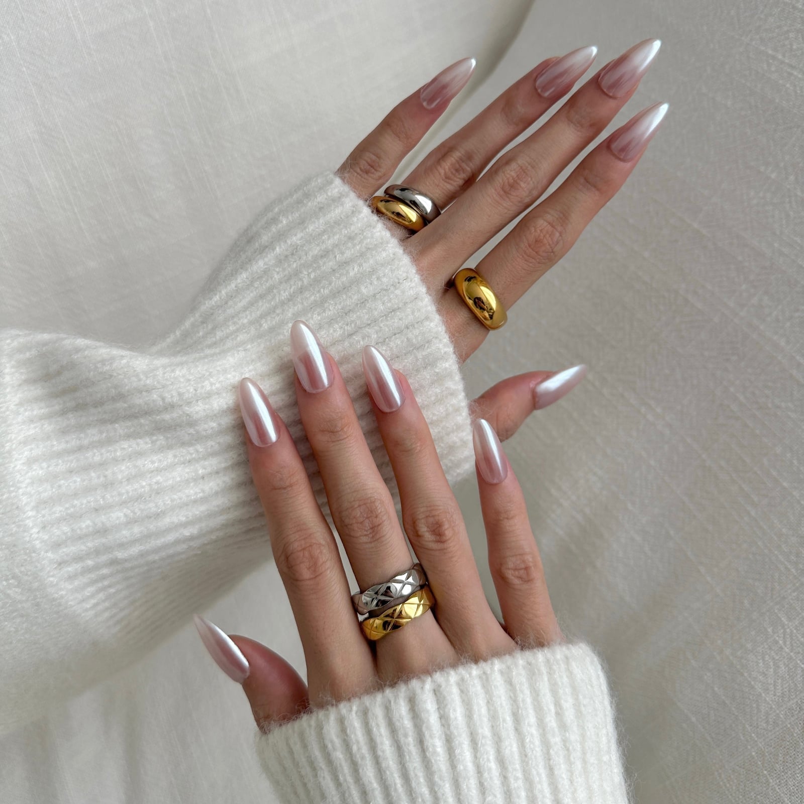 Long Almond Milky White Pearlescent Chrome, Close-Up Take — Classy Hailey Bieber Nails