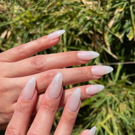 Sheer Pink Pearlescent Long Almond Nails — Classy Hailey Bieber Nails