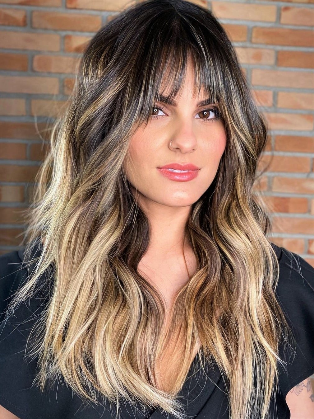 Collarbone Layers With Full Bangs, Balayage Collarbone Layers With Full Bangs, Balayage — Classy Hair for Round Face