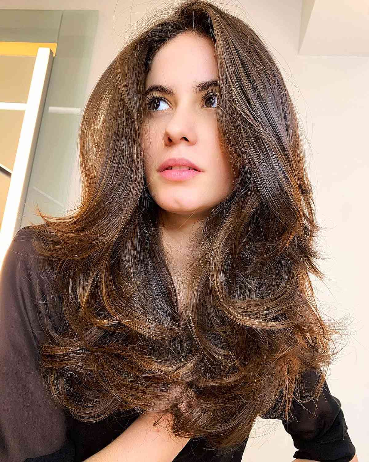 Dark Brown Caramel Highlights Voluminous Layers Dark Brown Caramel Highlights Voluminous Layers — Classy Haircuts for Long Hair