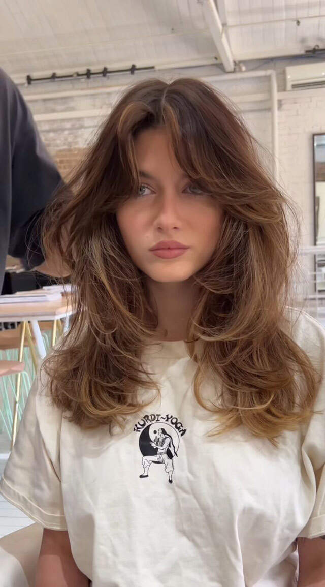 Medium Brown Balayage Long Shag Curtain Bangs, Close-Up Take Medium Brown Balayage Long Shag Curtain Bangs, Close-Up Take — Classy Haircuts for Long Hair