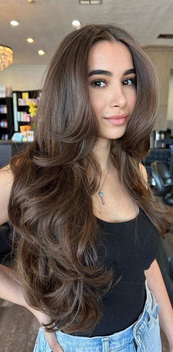 Dark Brown Subtle Highlights Curtain Bangs Dark Brown Subtle Highlights Curtain Bangs — Classy Haircuts for Long Hair