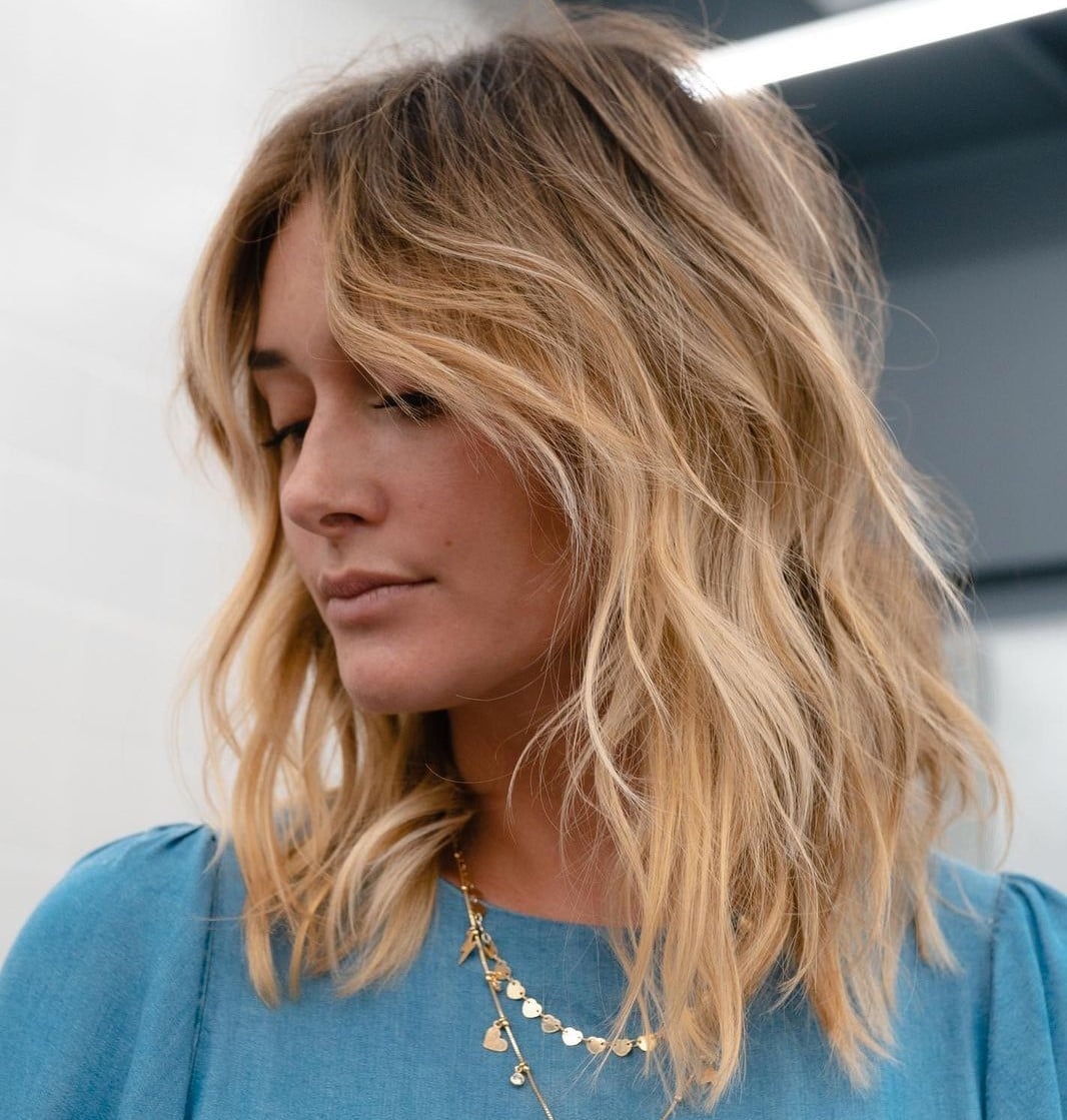 Blonde Balayage Bob With Curtain Bangs, Collarbone — Classy Haircuts for Medium Hair