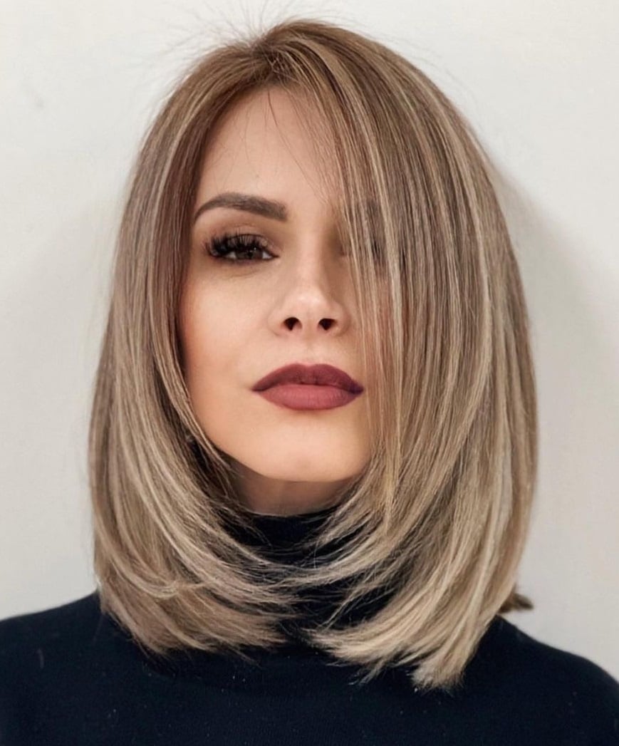 Ash Blonde Layered Bob With Side Bangs — Classy Haircuts for Medium Hair