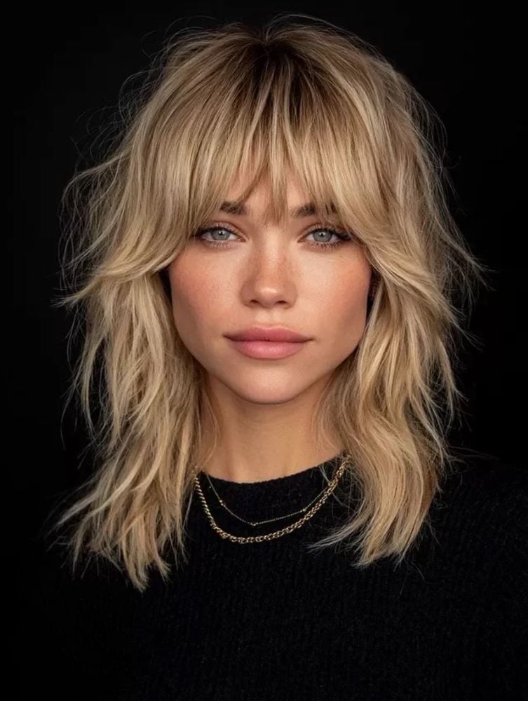 Textured Blonde Shag With Full Bangs — Classy Haircuts for Medium Hair