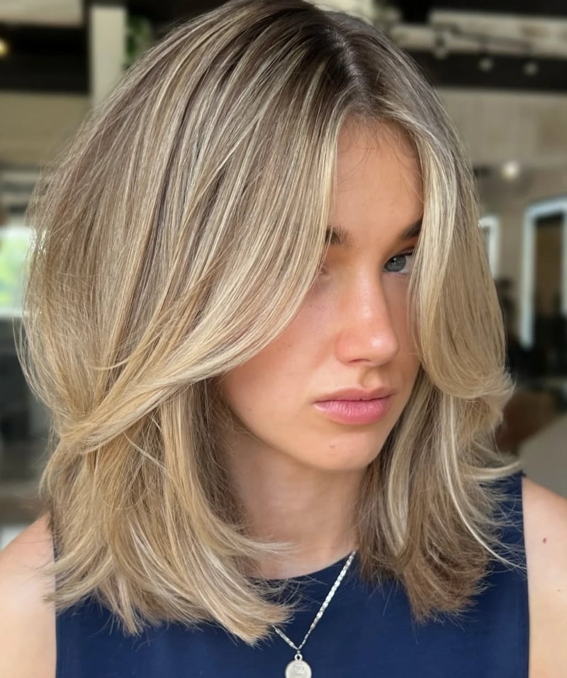 Blonde Balayage Lob With Curtain Bangs — Classy Haircuts for Medium Hair