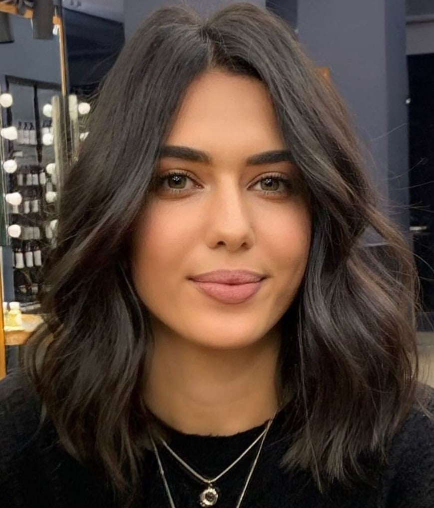Dark Brown Wavy Lob With Glossy Finish — Classy Haircuts for Round Face