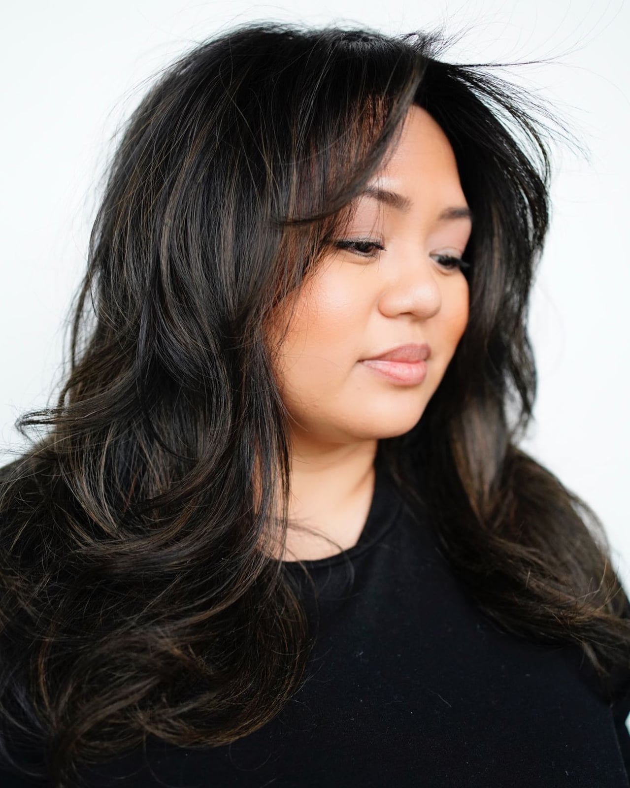 Mid-Back Wavy Dark Brown With Balayage — Classy Haircuts for Round Face