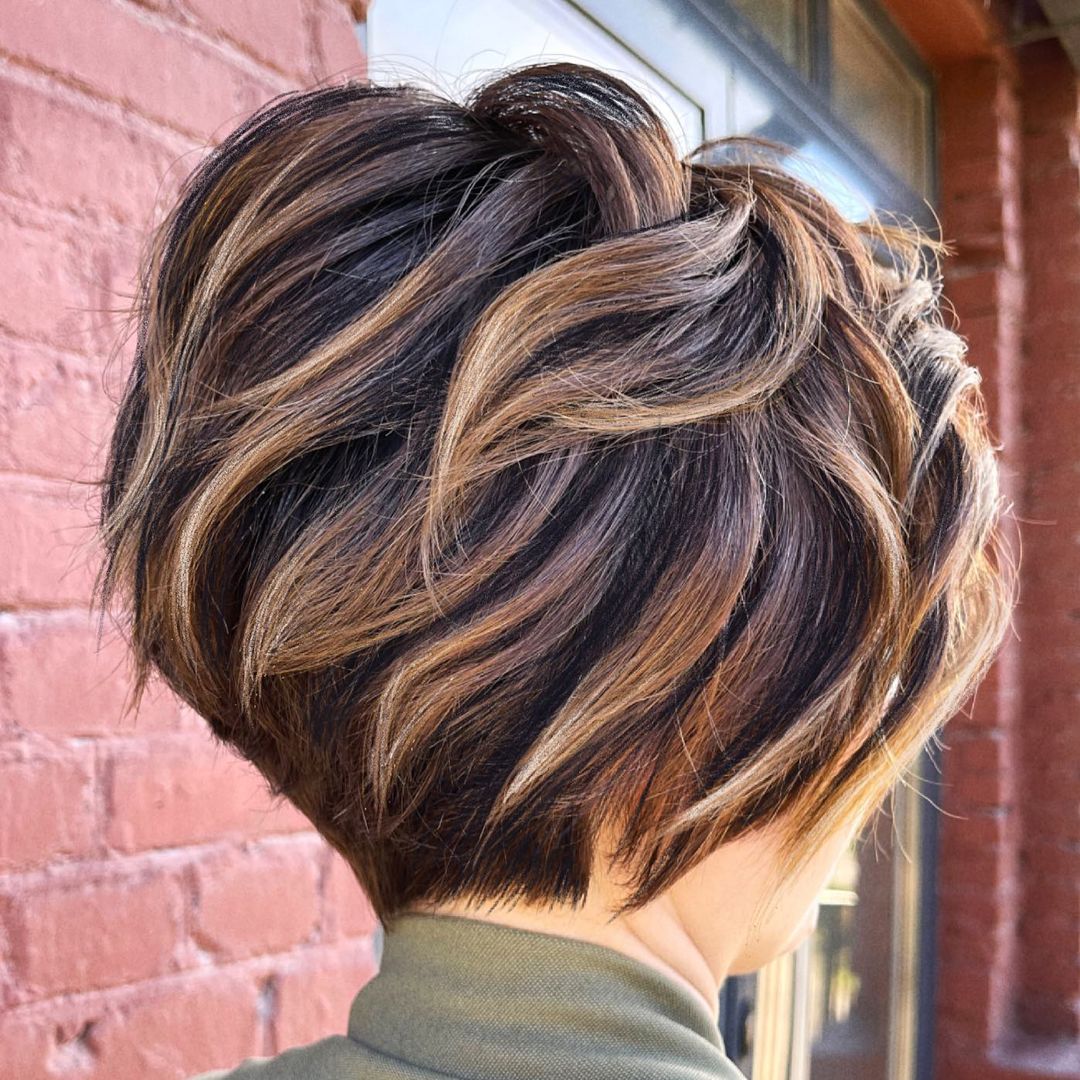 Short Dark Brown Bob With Textured Blonde Highlights Short Dark Brown Bob With Textured Blonde Highlights — Classy Highlights on Dark Brown