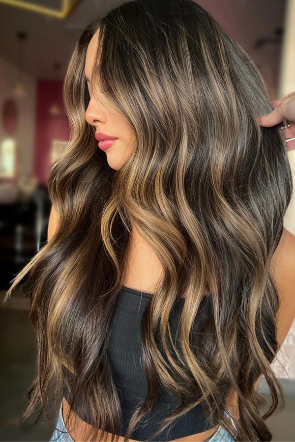 Mid-Back Dark Brown With Subtle Blonde Highlights, Wavy Mid-Back Dark Brown With Subtle Blonde Highlights, Wavy — Classy Highlights on Dark Brown
