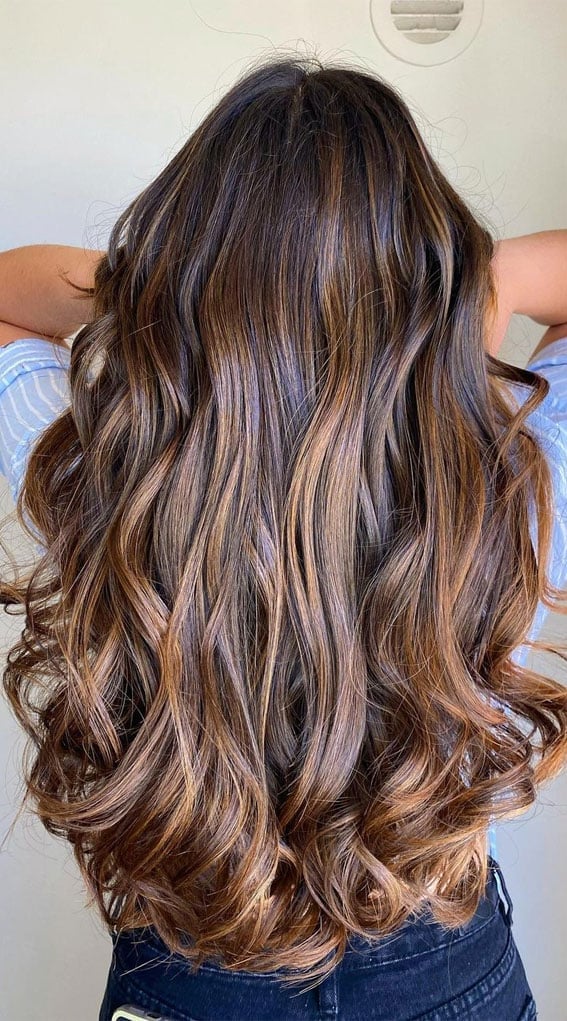 Mid-Back Dark Brown With Warm Caramel Highlights Mid-Back Dark Brown With Warm Caramel Highlights — Classy Highlights on Dark Brown