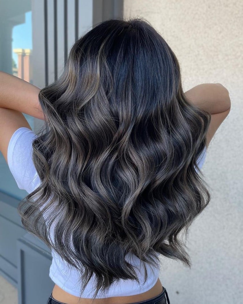 Mid-Back Dark Brown With Ash Highlights Mid-Back Dark Brown With Ash Highlights — Classy Highlights on Dark Brown